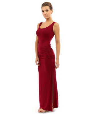 TissarLG Women Summer Long Classic Dress O-neck Slim pleated Casual sleeveless tank dress Solid Colors Package hip slit dress
