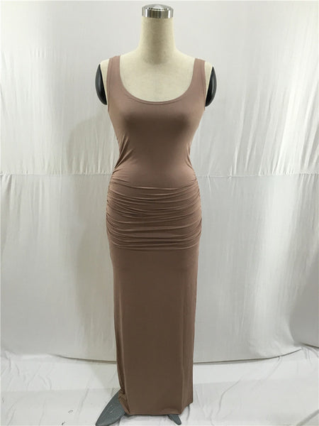 TissarLG Women Summer Long Classic Dress O-neck Slim pleated Casual sleeveless tank dress Solid Colors Package hip slit dress