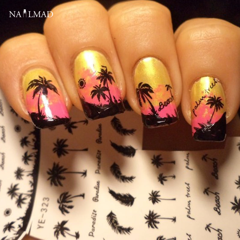 1 sheet NailMAD Black Feather Nail Water Decals Coconut Tree Transfer Stickers Nail Art Sticker Tattoo Decals YE323