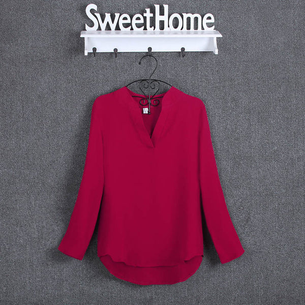 BIBOYAMALL Women Blouses Fashion Chiffon Blouse Shirts Women's tops Soild Long Sleeve Casual V-Neck Blusas Plus Size 4XL/5XL