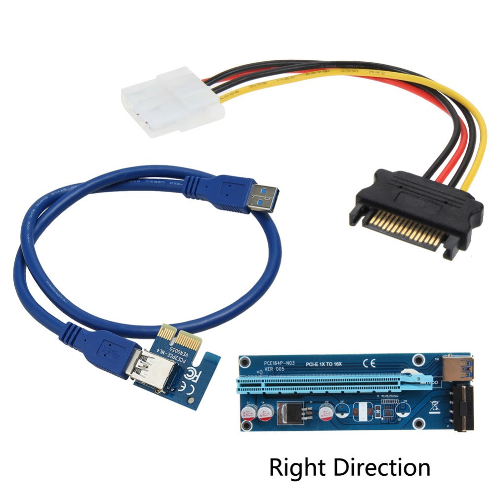 PCI-E 1x to 16x Mining Machine Enhanced Extender Riser Card Adapter with 60cm(2 feet) USB 3.0 & SATA Power Cable left/right