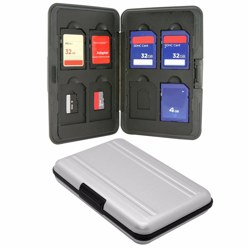 Silver Micro SD Card Holder SDXC Storage Holder Memory Card Case Protector Aluminum 16 slots for SD/ SDHC/ SDXC/Micro SD card