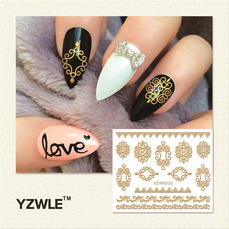 YZWLE 1 Sheet Hot Gold 3D Nail Art Stickers DIY Nail Decorations Decals Foils Wraps Manicure Styling Tools (YZW-6030)