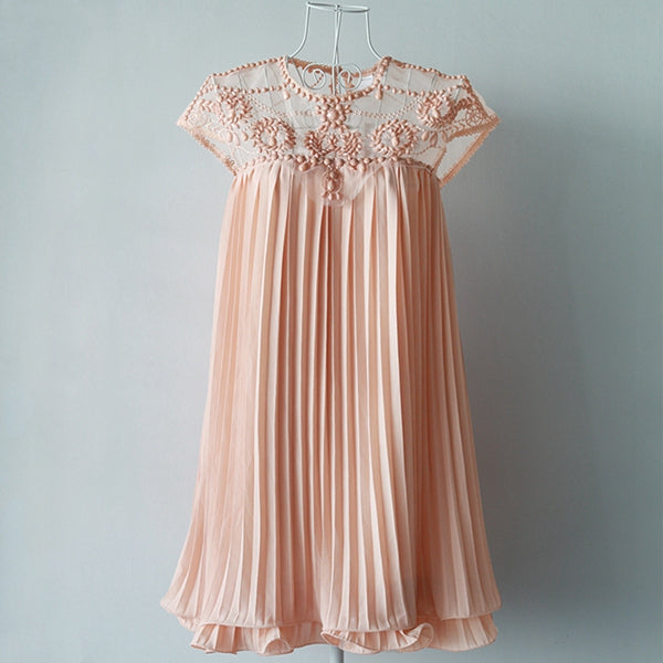 Summer Elegant Women Dresses Emboridery Lace Pleated Short Sexy Party Dress Hollow Out Chiffon Dress Apricot Vestido de festa