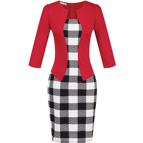 Women One-Piece Faux Jacket 2017 Bodycon Women Fashion Sheath Dress Office Lady Patchwork Tunic Knee Length Work Pencil Dresses