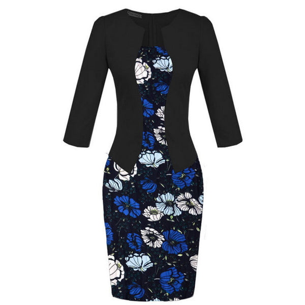 Women One-Piece Faux Jacket 2017 Bodycon Women Fashion Sheath Dress Office Lady Patchwork Tunic Knee Length Work Pencil Dresses