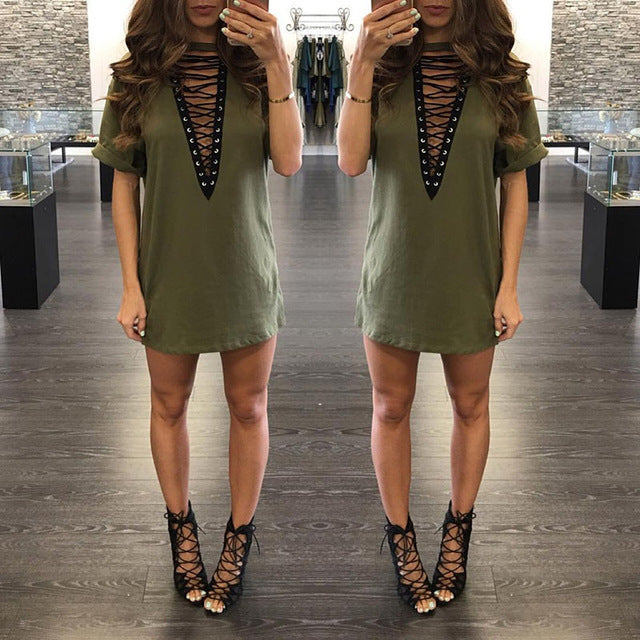 Sibybo Summer T Shirt Dress 2017 Women Deep V Neck Lace Up  Sexy Bodycon Bandage Party Dresses Casual T-Shirt Dress Vestidos