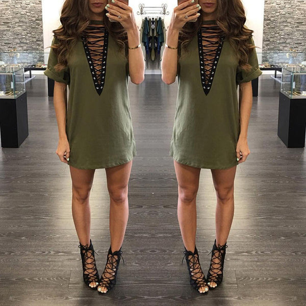 Sibybo Summer T Shirt Dress 2017 Women Deep V Neck Lace Up  Sexy Bodycon Bandage Party Dresses Casual T-Shirt Dress Vestidos
