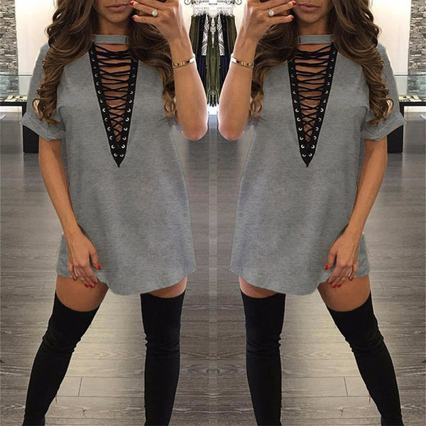 Sibybo Summer T Shirt Dress 2017 Women Deep V Neck Lace Up  Sexy Bodycon Bandage Party Dresses Casual T-Shirt Dress Vestidos