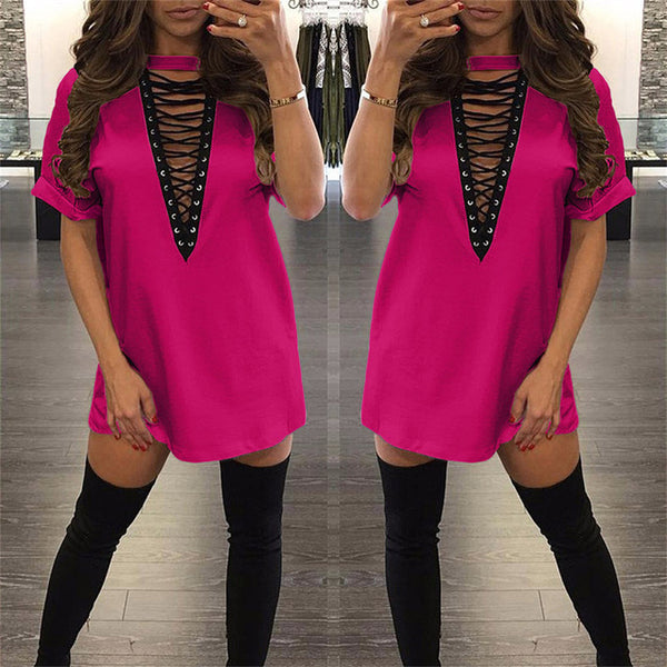 Sibybo Summer T Shirt Dress 2017 Women Deep V Neck Lace Up  Sexy Bodycon Bandage Party Dresses Casual T-Shirt Dress Vestidos