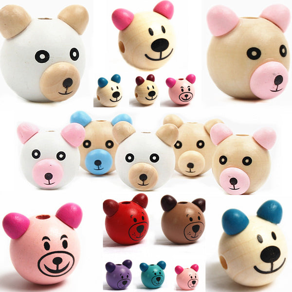 Wooden Cartoon 5Pcs 3D Bear Beads Ball Smiling Face Wood Beads DIY Pacifier Clip & Jewelry For Children Kids Beads Craft
