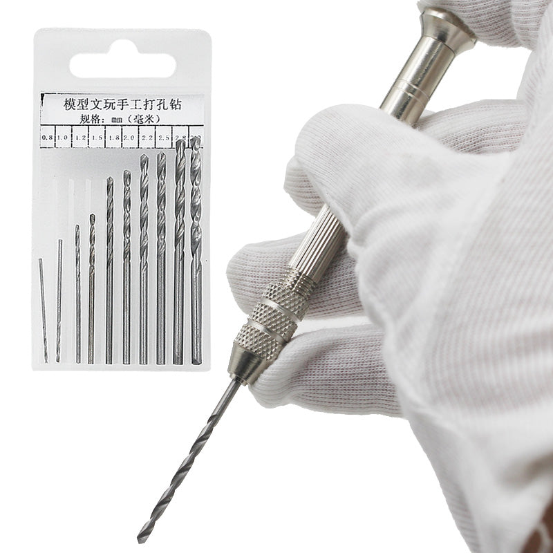 Mini Hand Drill With Keyless Chuck+10pcs Hss Twist Drill Bits Rotary Tools Metal Spiral 0.8-3mm Jewel Manual Drilling Hole