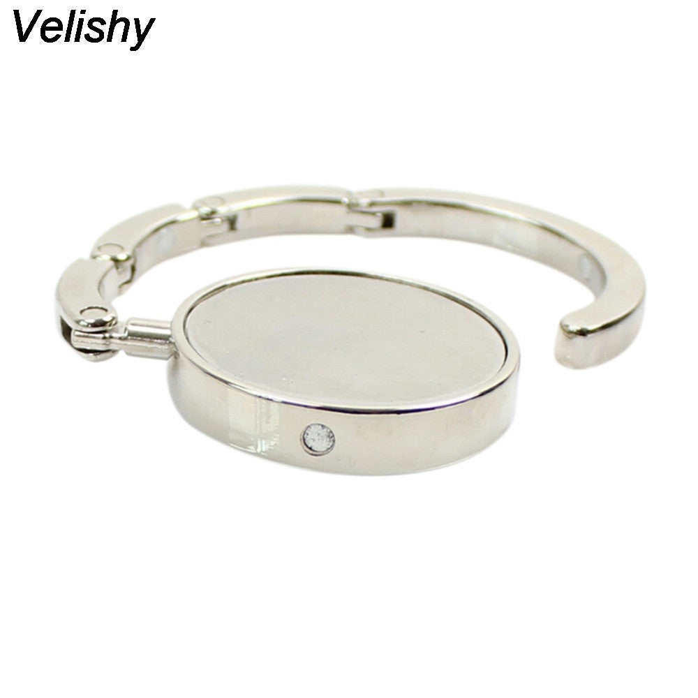 Velishy New Folding Rhinestone Crystal Alloy Purse Handbag Bag Hanger Hook Holder Purple Hotsales Portable Handbag Hook