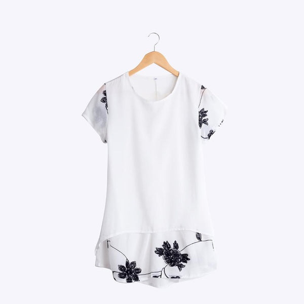Plus Size 5XL Chiffon Blouse Women Clothing Loose Short Sleeve Embroidery Flower Print Patchwork White Tops Big Shirts D53558