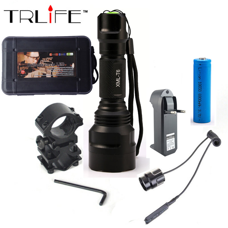 LED Flashlight XML-T6 8000LM Tactical Flashlight Aluminum Hunting Flash Light Torch Lamp +18650+Charger+Gun Mount