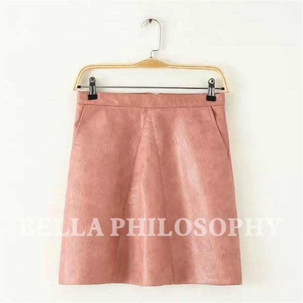 Bella Philosophy 2017 spring high waist Skrit PU faux leather women skirt pink yellow black green blue zipper mini skirt women