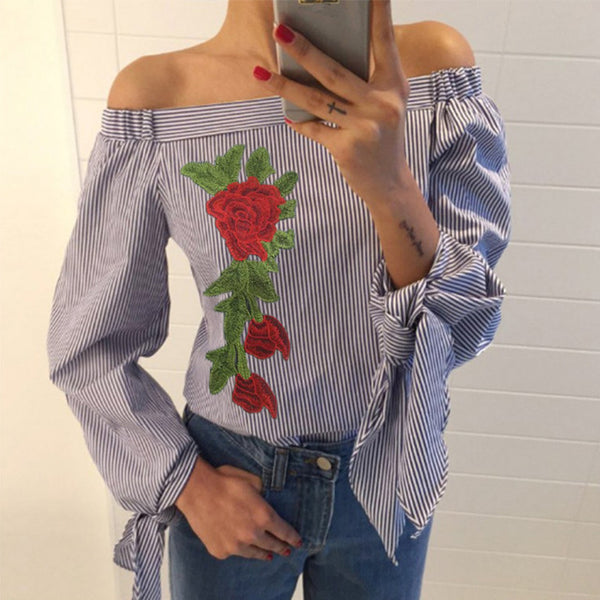 2017 Sexy Women Blouses Slash Neck Off Shoulder Tops Bow Long Sleeve Casual Shirts Blue White Striped Party Blusas Plus Size 3XL