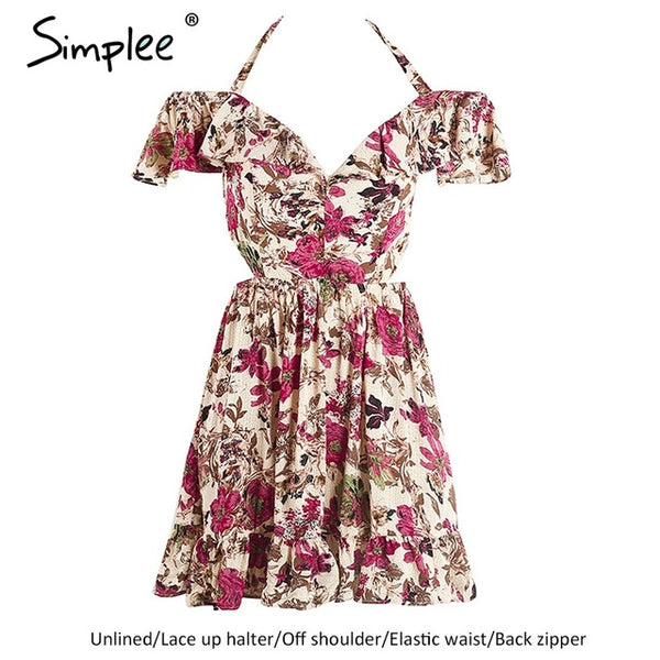 Simplee Halter off shoulder women summer dress Sexy hollow out short dress Elastic mini high waist floral print dress 2017