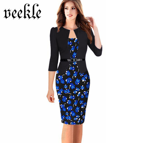VEEKLE Elegant Floral Print Polka Dot Patchwork One Piece 3/4 Sleeve Women Work Office Dresses Ladies Large Plus Sizes 6XL 7XL