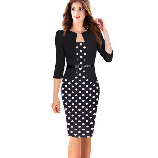 VEEKLE Elegant Floral Print Polka Dot Patchwork One Piece 3/4 Sleeve Women Work Office Dresses Ladies Large Plus Sizes 6XL 7XL