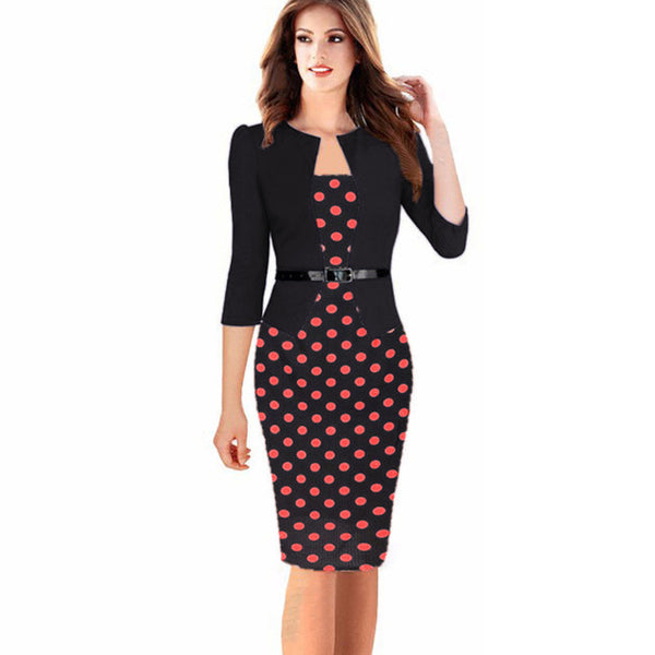 VEEKLE Elegant Floral Print Polka Dot Patchwork One Piece 3/4 Sleeve Women Work Office Dresses Ladies Large Plus Sizes 6XL 7XL