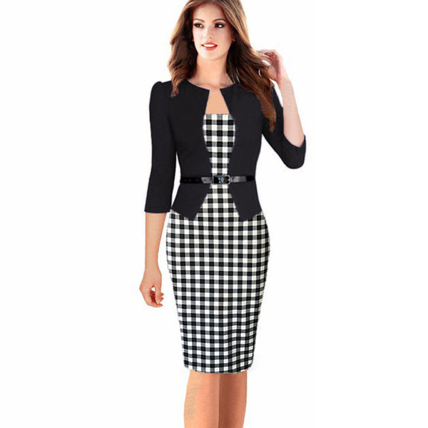 VEEKLE Elegant Floral Print Polka Dot Patchwork One Piece 3/4 Sleeve Women Work Office Dresses Ladies Large Plus Sizes 6XL 7XL