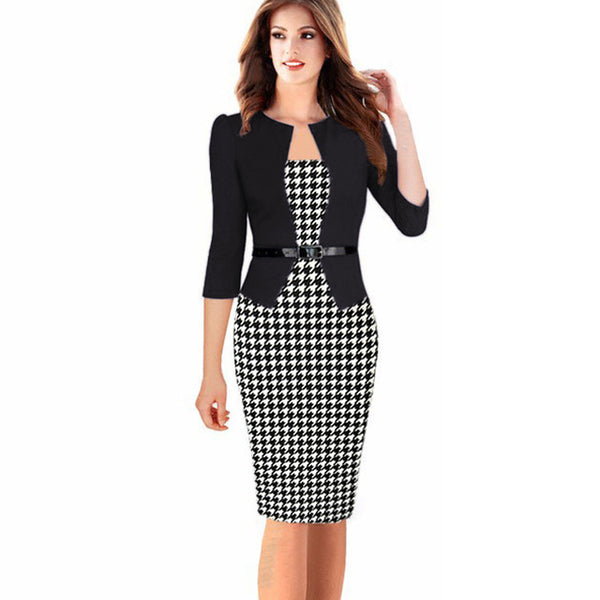 VEEKLE Elegant Floral Print Polka Dot Patchwork One Piece 3/4 Sleeve Women Work Office Dresses Ladies Large Plus Sizes 6XL 7XL