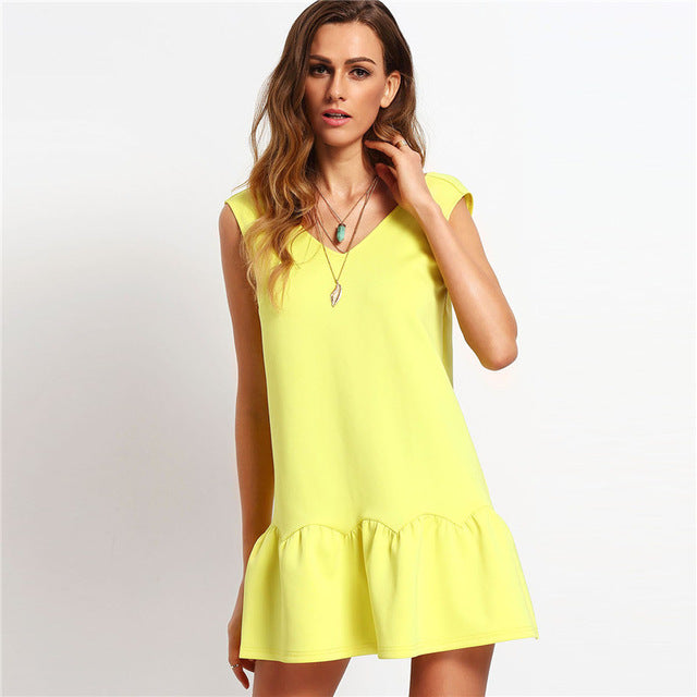 Sheinside Yellow Ruffle V Neck Backless Dress Drop Waist Ladies Elegant Mini Dresses 2017 New Casual Autumn Style Sexy Dress