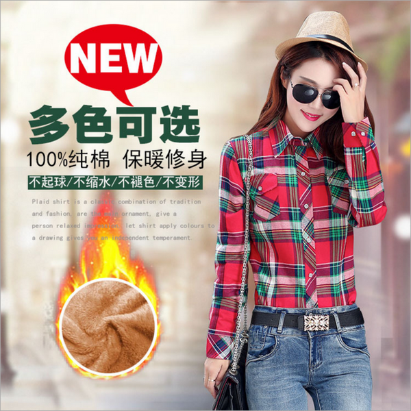 Velvet Thick Warm Women's Plaid Shirt Female Long Sleeve Tops M-XXL Size Winter Check Blouse Blusas Femininas Chemise Femme