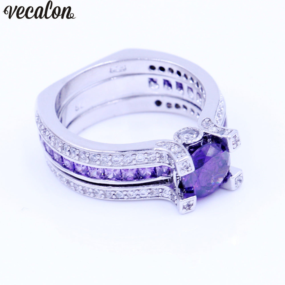 Vecalon Fashion Couple Engagement ring Purple 5A zircon Cz 925 Sterling Silver Birthstone wedding Band ring Set for women men