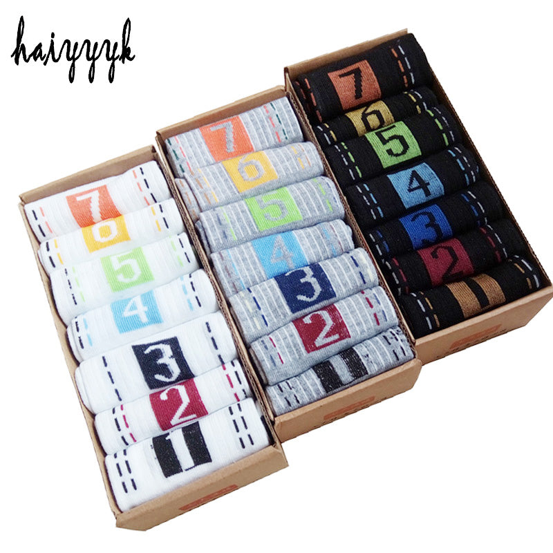 2017 New Men's Cotton Socks Casual Mens Socks Breathable Sweat Personalized digital style happy socks 7 pairs \ lot no box