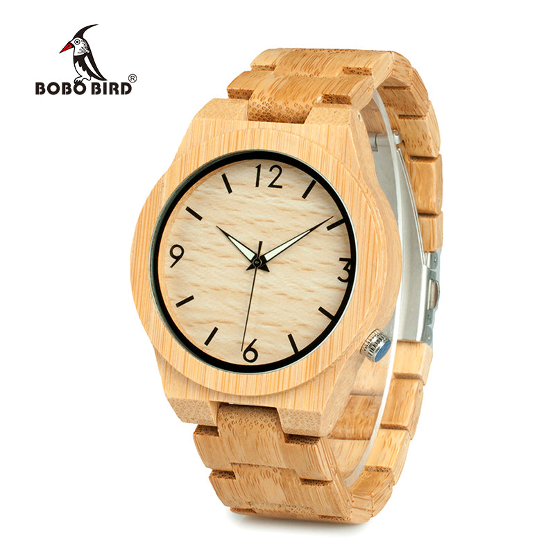 BOBO BIRD WD27 Bamboo Wooden Watch for Men Unique Lug Design Top Brand Luxury Quartz Wood Band Night Green Pointer Wrist Watches