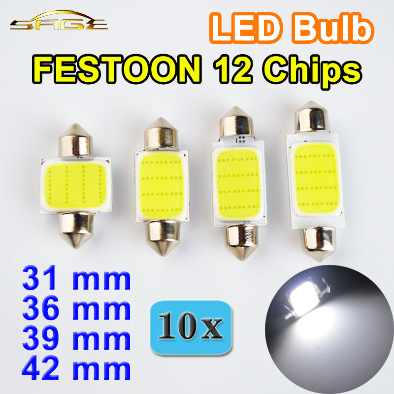 flytop 10 PCS 31mm 36mm 39mm 42mm C5W DC12V FESTOON COB 12 Chips White Color Car LED Bulbs Auto Lamp Interior Dome Light