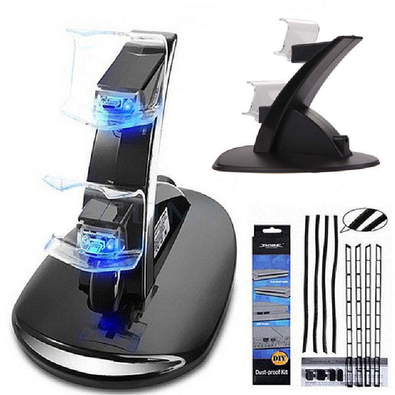 LED Dual USB Charger Charging Dock Stand Station+ Dust Proof Prevent Cover Kit for Sony Playstation 4 PS4 Game Gaming Controller