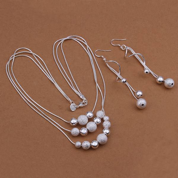 Wholesale silver plated Jewelry Set,silver Fashion Jewelry,Sand Light Bead Necklace+Earring Two Piece Set SMTS423