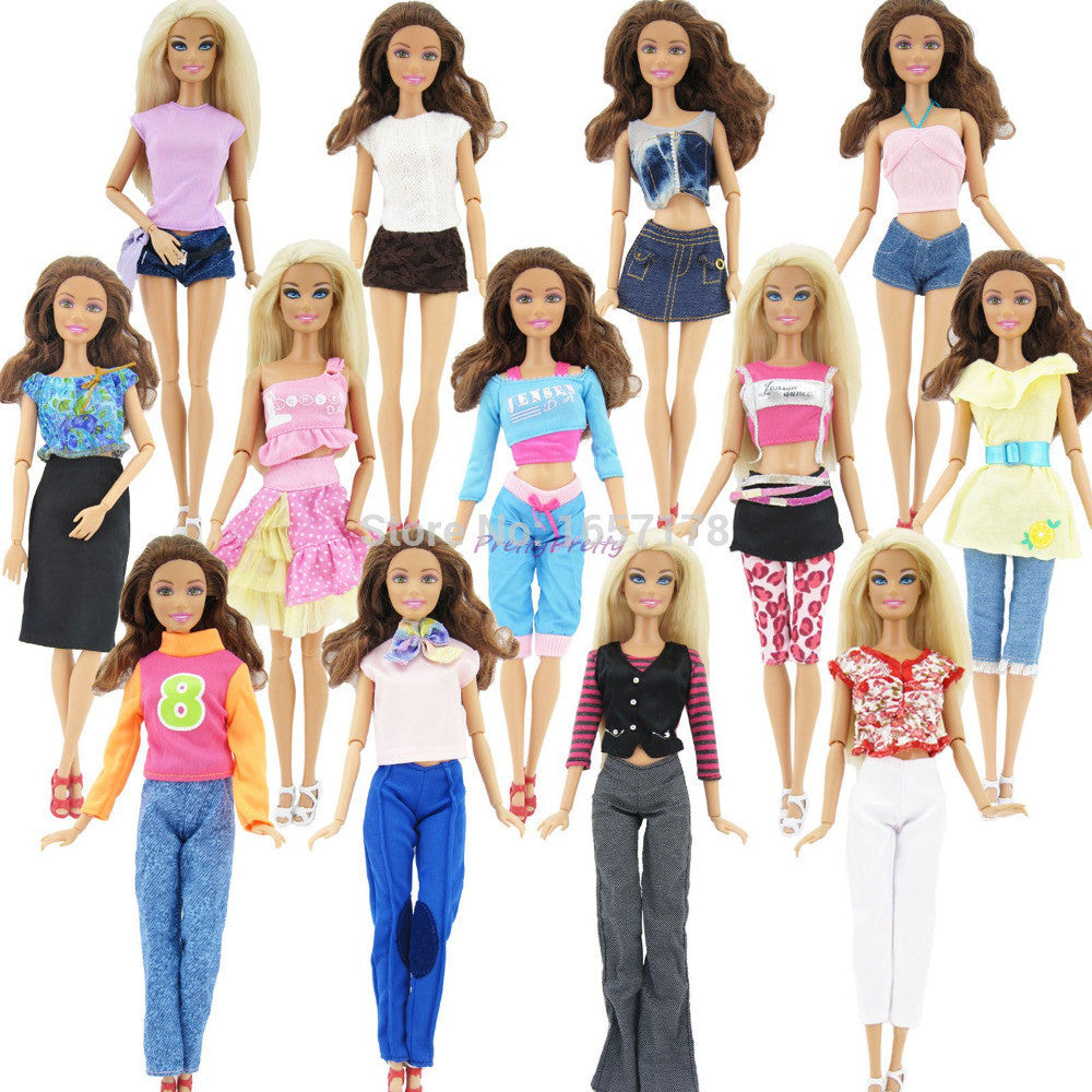 Randomly Pick Lot 20 Pcs = 10 Shoes +10 Sets Fashion Outfit Blouse Trousers Dress Shorts Pants Skirt Clothes For Barbie Doll