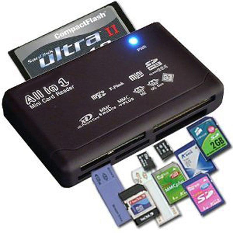 All in One Memory Card Reader USB External SD SDHC Mini Micro M2 MMC XD CF Read and Write Flash Memory Card Black High Quality