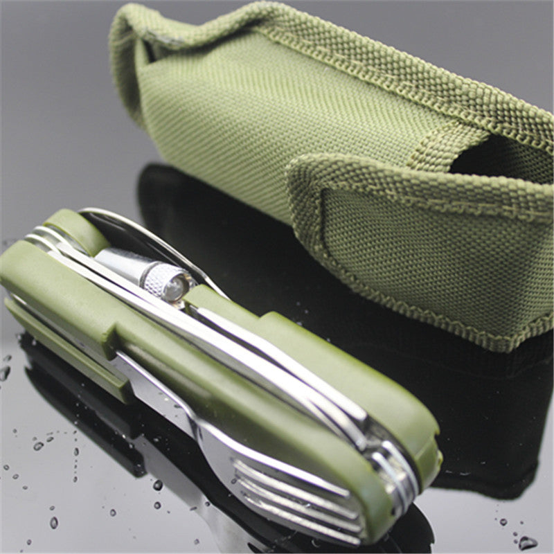 Outdoor Tableware with LED light Stainless Folding Camping Tool Multi Function Dinnerware Fork/Spoon/Knife/ Bottle Opener Set