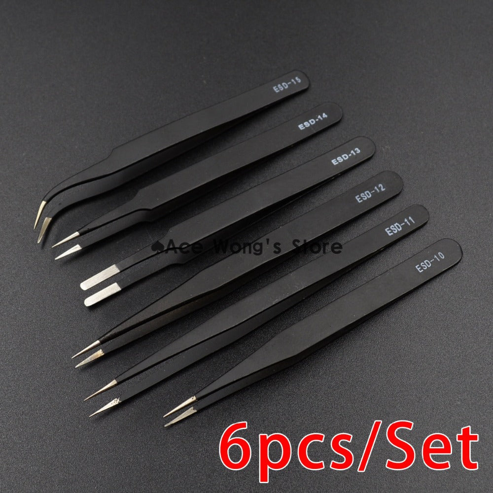 6pcs/LOT BGA Precision ESD Tweezers Set, stainless steel anti-static tweezers Repair Tool Soldering Station Welding Assist