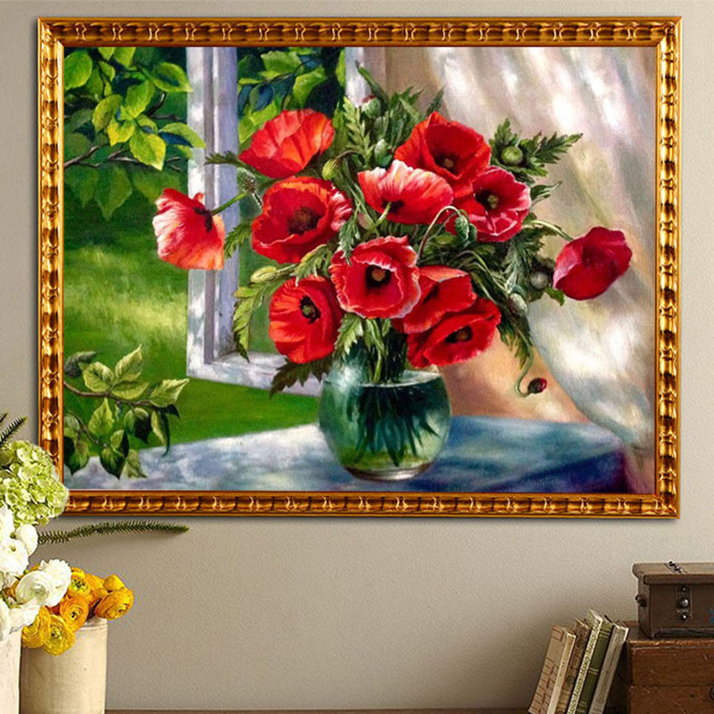 NEW 3D Diamond Painting Cross Stitch Red Floral Vase Crystal Needlework Diamond Embroidery Flower Full Diamond Decorative zx