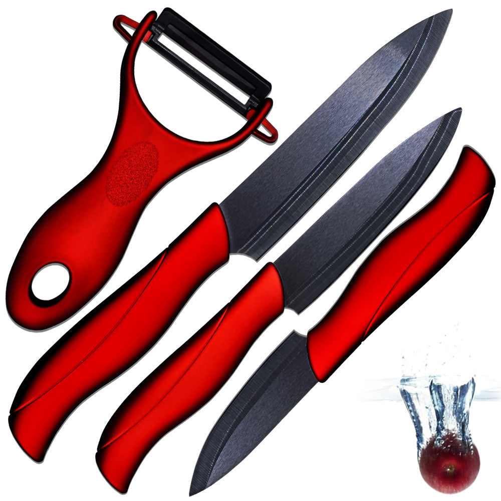 Ceramic knife 3" paring 4" utility 5" slicing knife and one sharp black balde+red handle peeler accessories kitchen knives set