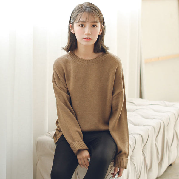 All Match Basic Style Loose Casual Fashion Solid O-neck Long Sleeve Female Sweaters