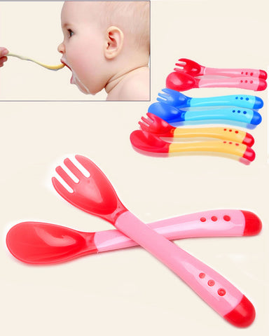 2pcs/set 2015 New Safety Temperature Sensing Spoon Baby Flatware Feeding Spoon#YE1011