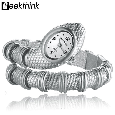 GEEKTHINK Unique Fashion Quartz Watch women Ladies Snake Shaped Bracelet Watch Bangle Diamond Ornaments Luxury Silver Gold