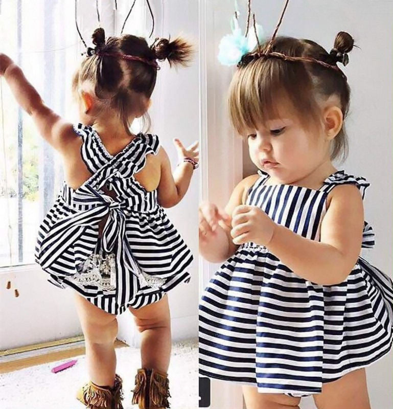 Backless Dress Bow Cotton Briefs 2Pcs Set Clothing Girl 2016 New Baby Girls Clothes Sets 2pcs Summer Sunsuit Outfit Stripe