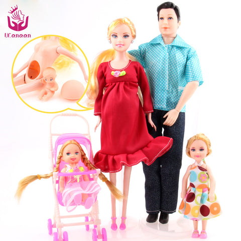 UCanaan Toys Family 5 People Dolls Suits 1 Mom /1 Dad /2 Little Kelly Girl /1 Baby Son/1 Baby Carriage Real Pregnant Doll Gifts