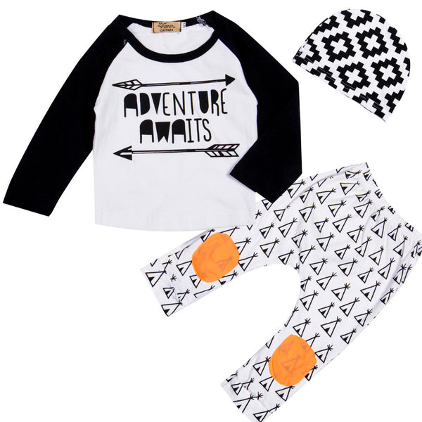 2016 New 0-18M Newborn Baby Boys Girls Clothes Long Sleeve Cotton T-shirt Tops Pants Hat 3PCS Outfit Toddler Kids Clothing Set