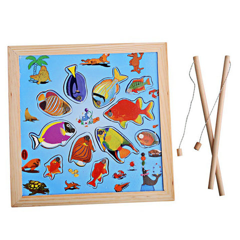 Kids Wooden Toy Children Magnetic Fishing Rod Model Bath Fun Toy Set Cartoon Baby Puzzle Magnetic Fishing Game Toy