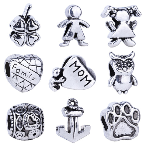 1pc Free Shipping Silver Bead Charm European Love Heart Clover Owl Boy Dog Paw Family Fashion Bead Fit Pandora Bracelet Necklace