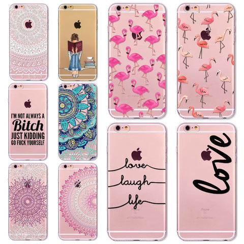 7 6s Animals Transparent Case For Iphone 7 6 6s Floral Paisley Grils Flamingo Love Words Phone Cover TPU Silicone Fundas Cases